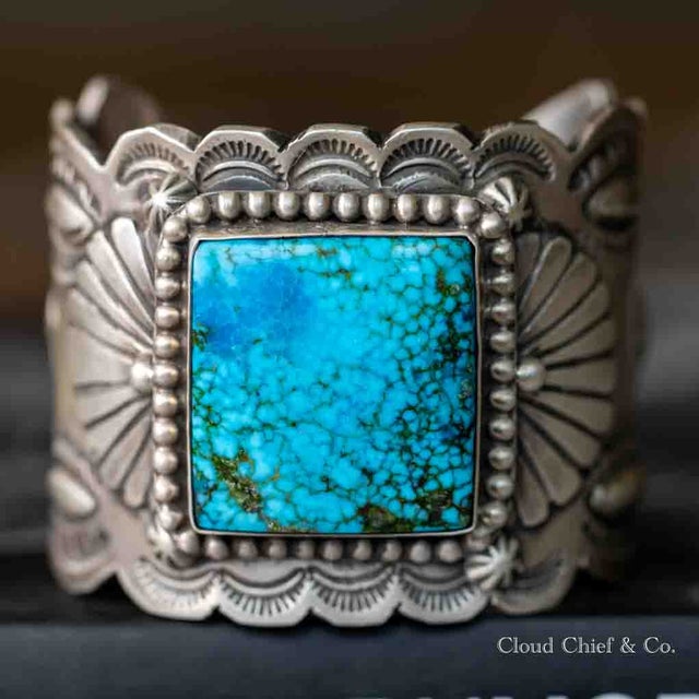 Signed Heavy Native American Spiderweb Turquoise Sterling Silver Bracelet Signed Heavy Native American Spiderweb Turquoise Sterling Silver Bracelet
