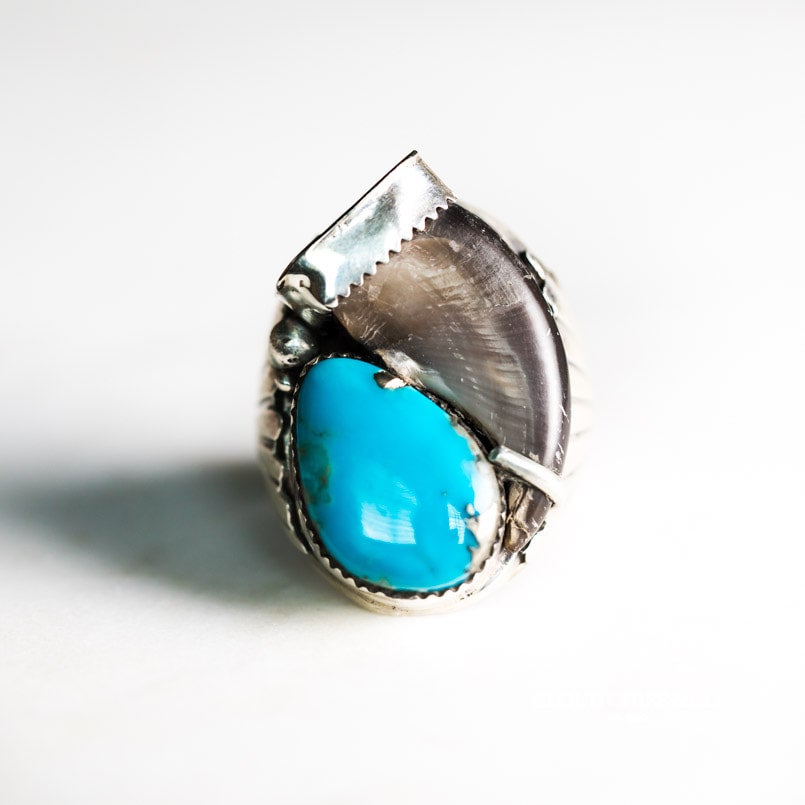 Mike Thomas Navajo Heavyweight Sterling Bear Claw Turquoise Ring