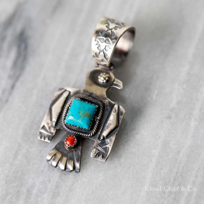 Yazzie Navajo Sterling Turquoise Red Coral Statement Thunderbird