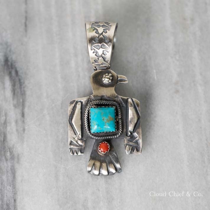 Yazzie Navajo Sterling Turquoise Red Coral Statement Thunderbird
