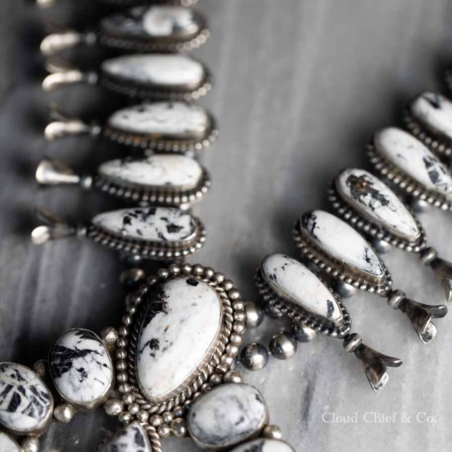 Women's Native American Navajo Basalt Turquoise Sterling Silver Squash Blossom Necklace Women's Native American Navajo Basalt Turquoise Sterling Silver Squash Blossom Necklace