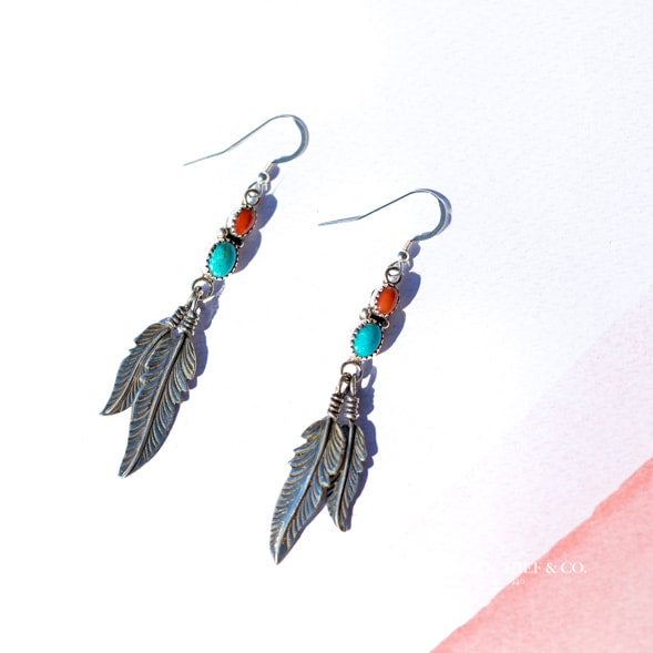 Silver & Turquoise Feather Earrings by Harvey Chavez - Rainmaker Gallery